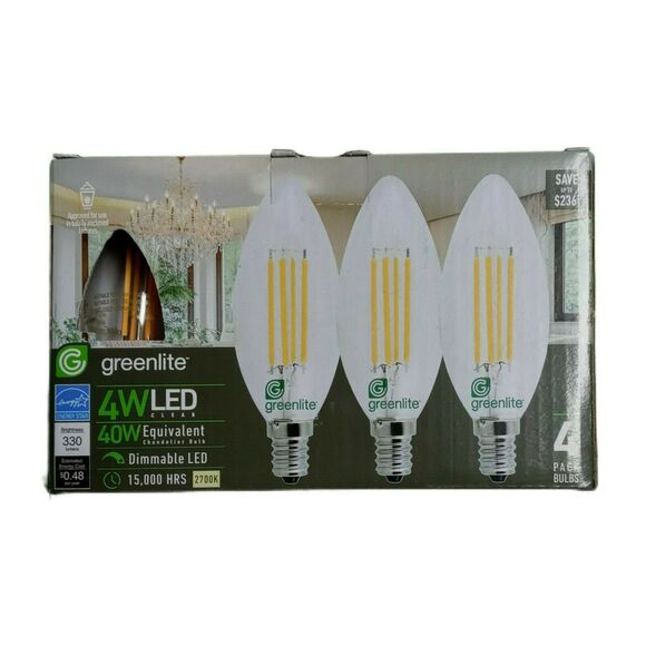 GreenLite LED 4PK Chandelier Bulbs 4W LED Equal to 40W 15,000 Hours 2700K - Picture 3 of 9
